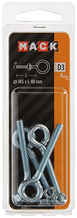 Mack 1017790 - ojo de tornillo métrico + tuerca galvanizada 4 piezas m5 x 40 mm | 10 piezas
