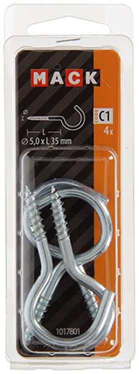 Mack 1017801 - gancho de tornillo acero galvanizado 4uds 5,0 x 35 mm | 10 piezas