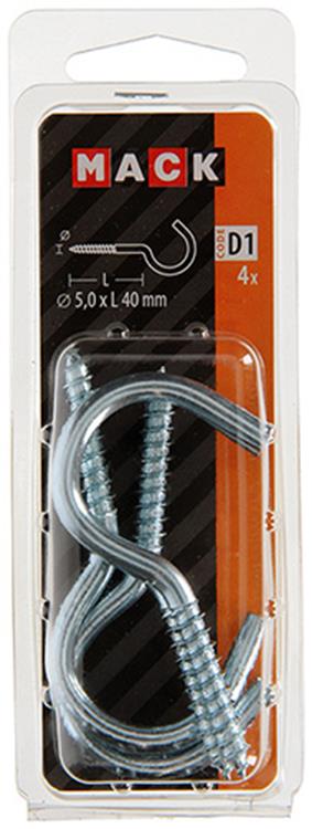 Mack 1017802 - gancho de tornillo acero galvanizado 4uds 5,0 x 40 mm | 5 piezas