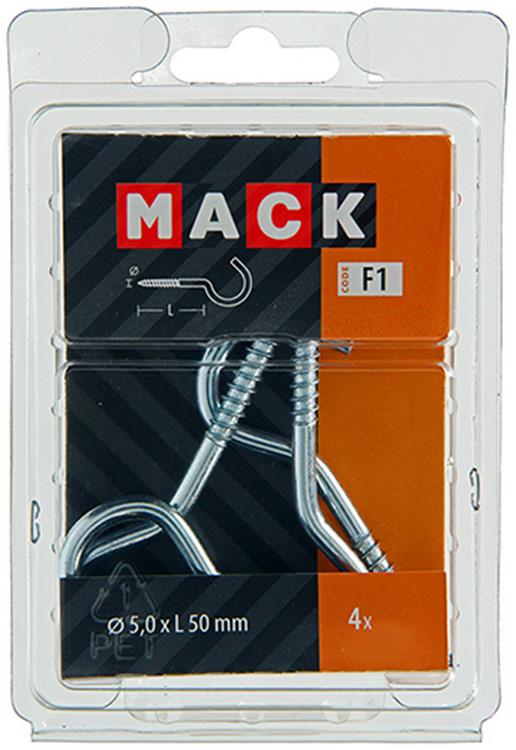 Mack 1017803 - gancho de tornillo acero galvanizado 4uds 5,0 x 50 mm | 5 piezas