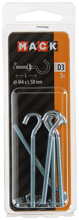 Mack 1017809 - gancho de tornillo métrico + tuerca galvanizada 5 piezas m4 x 50 mm | 10 piezas