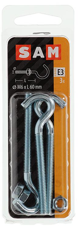 Mack 1017811 - gancho tornillo métrico + tuerca galvanizada 3 piezas m6 x 60 mm | 10 piezas