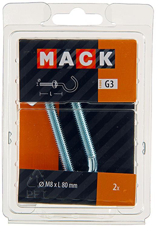 Mack 1017813 - gancho tornillo métrico + tuerca galvanizada 2uds m8 x 80 mm | 5 piezas