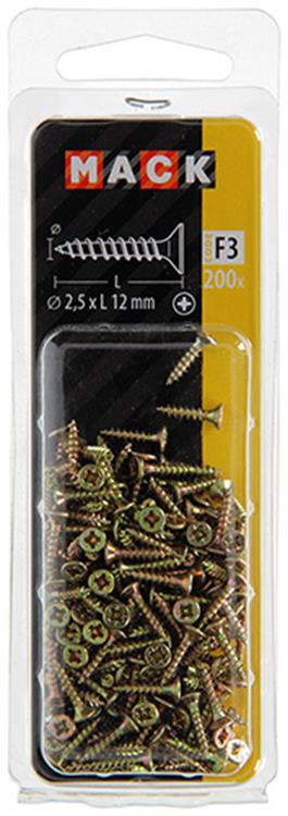 Mack 1017956 - tornillo para aglomerado con cabeza chapada en amarillo 200uds 2,5 x 12 mm | 10 piezas