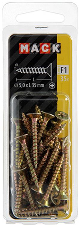 Mack 1017985 - tornillo para aglomerado con cabeza chapada en amarillo. 35 piezas de 5,0 x 35 mm | 5 piezas
