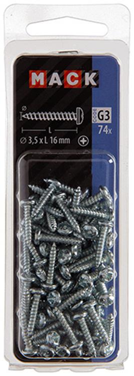 Mack 1018059 - tornillo autorroscante con cabeza cilíndrica galvanizada. 74 piezas 3,5 x 16 mm | 10 piezas