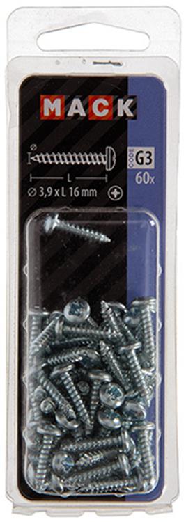 Mack 1018063 - tornillo autorroscante con cabeza cilíndrica galvanizada. 60 piezas 3,9 x 16 mm | 5 piezas