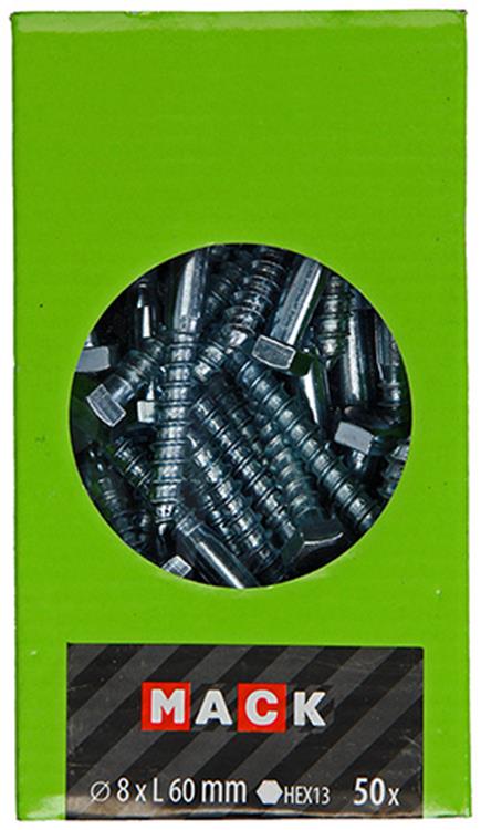 Mack 1020176 - perno rosca madera galvanizado 50 piezas 8 x 60 mm | 3 piezas