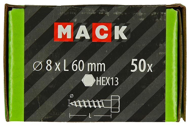 Mack 1020176 - perno rosca madera galvanizado 50 piezas 8 x 60 mm | 3 piezas