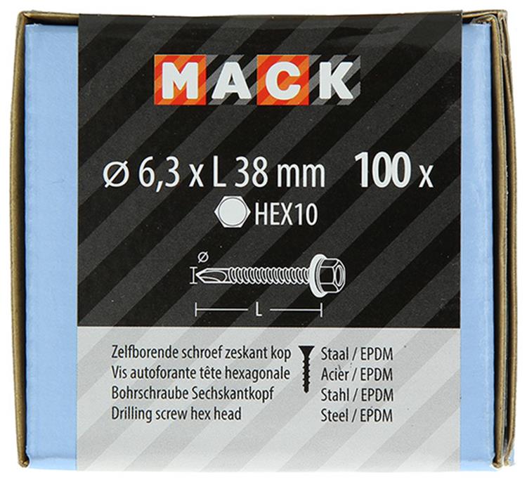 Mack 1020187 - tornillo autoperforante cabeza hexagonal EPDM-vz 100uds 6,3 x 38 mm | 2 piezas