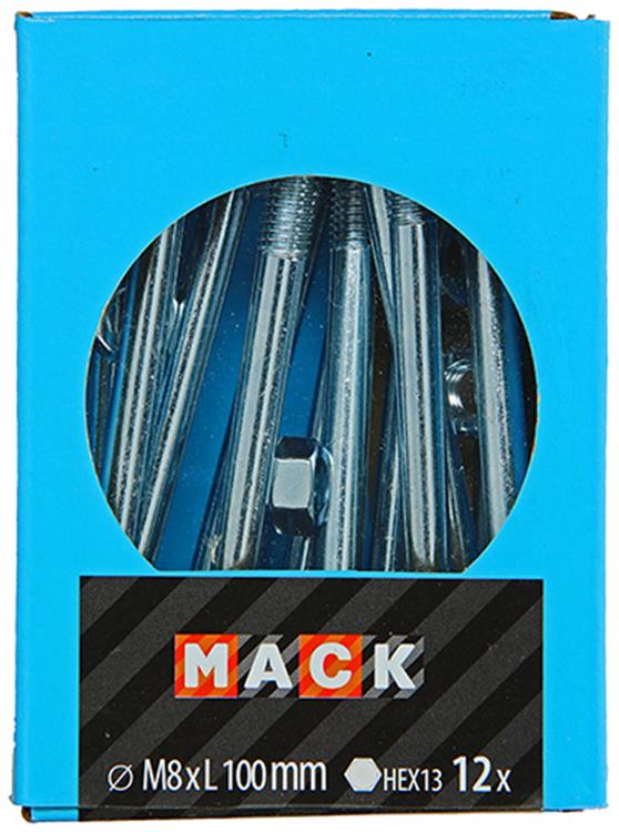Mack 1020210 - perno madera + tuerca galvanizada 12 stm8 x 100 mm | 5 piezas