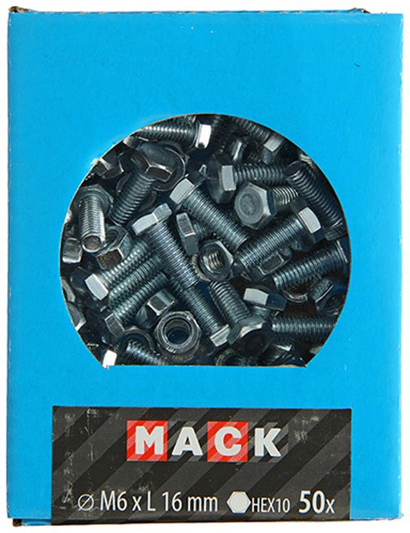 Mack 1020213 - perno macho + tuerca galvanizado 50 piezas m6 x 16 mm | 5 piezas