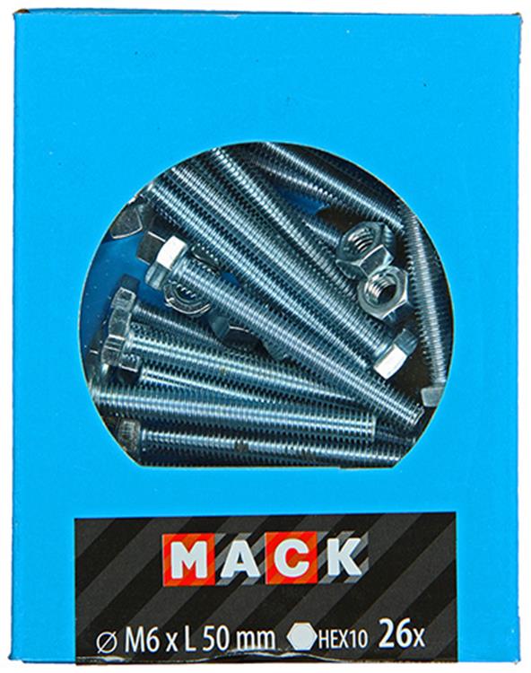 Mack 1020217 - perno macho + tuerca galvanizado 26 piezas m6 x 50 mm | 5 piezas