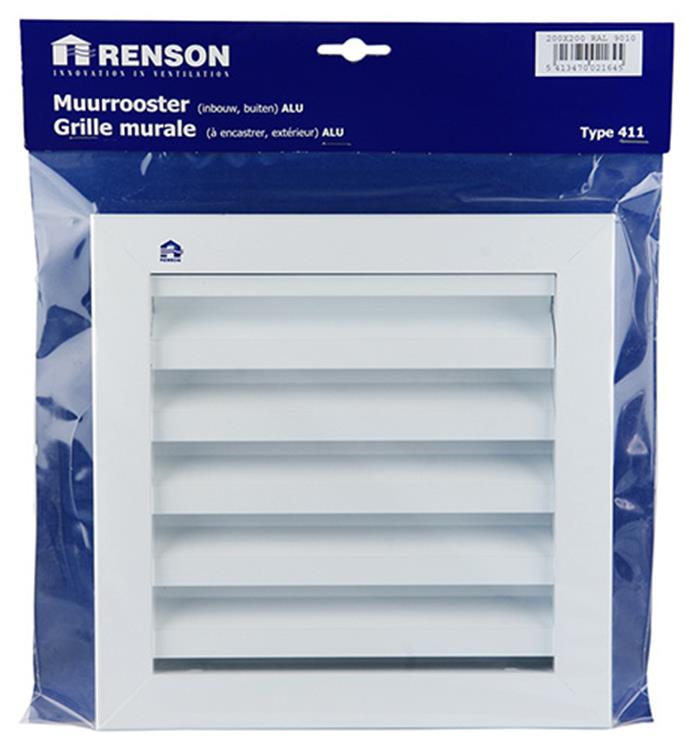 Renson 1006224 - rejilla mural empotrada 411 aluminio ral 9010 200x200mm | 1 pieza