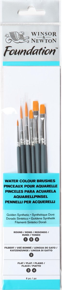 Winsor Newton 5295016 Foundation Brush Set – Short Handle – 6 Pieces – Round, Filbert Flat Brushes for Watercolor, Gouache Acrylic