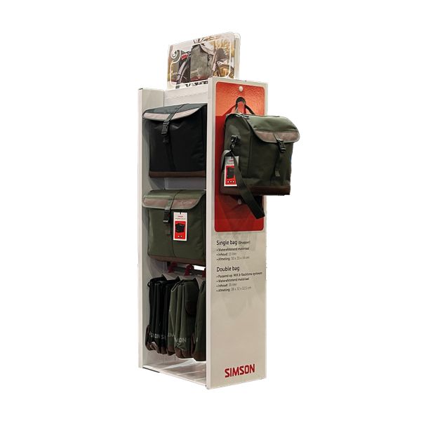 Expositor de tienda Simson lleno de bolsas para bicicletas urbanas (16 + 2 gratis)