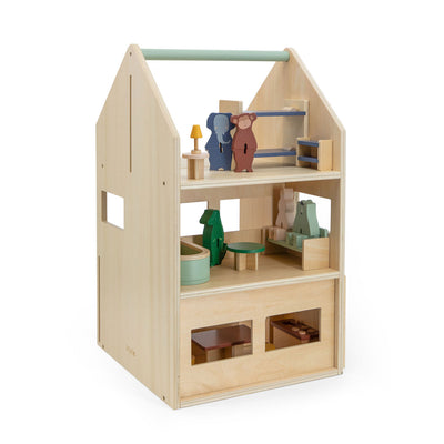 Casa de muñecas de madera trixie con accesorios
