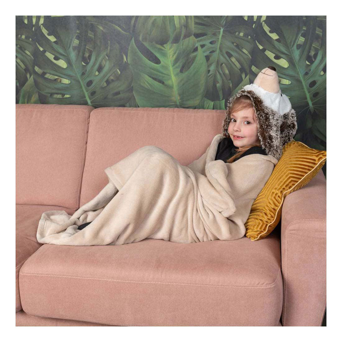 Manta de peluche Noxxiez con erizo con capucha, 130x100cm