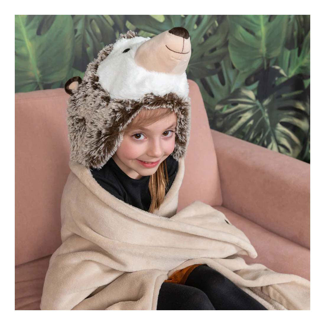 Manta de peluche Noxxiez con erizo con capucha, 130x100cm