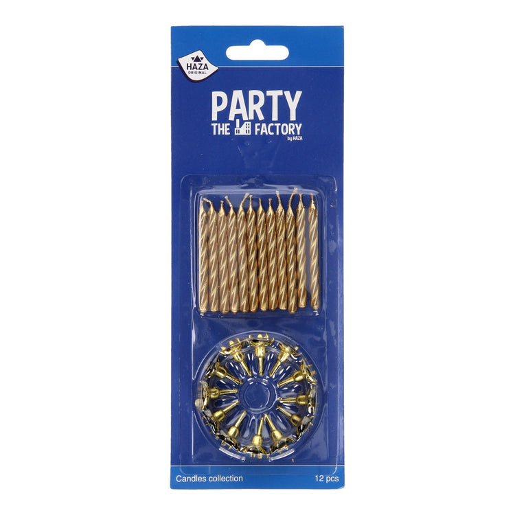 Haza Witbaarded Cake Candles with Holder Gold, 12st.