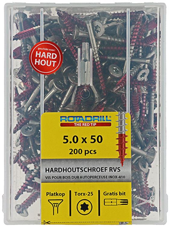 Rotadrill 1040037 - hardhoutschroef zelfb.sppls.rvs t25 5.0x50mm (200) | 4 stuks
