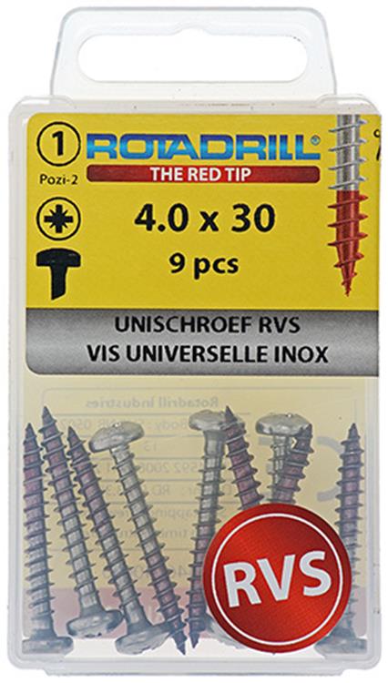 Rotadrill 1039893 - tornillo universal ck pzd acero inoxidable 4.0x30mm (9) | 6 piezas
