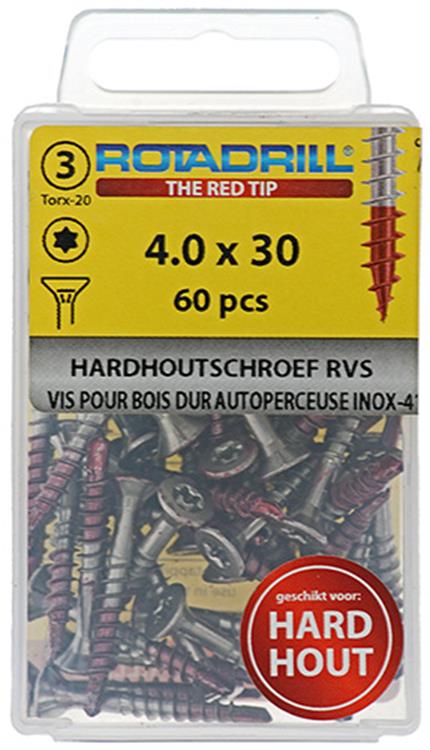 Rotadrill 1039898 - hardhoutschroef zelfb.sppls.rvs t20 4.0x30mm (60) | 6 stuks