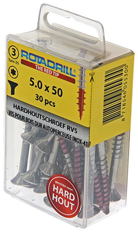Rotadrill 1039904 - hardhoutschroef zelfb.sppls.rvs t25 5.0x50mm (30) | 6 stuks