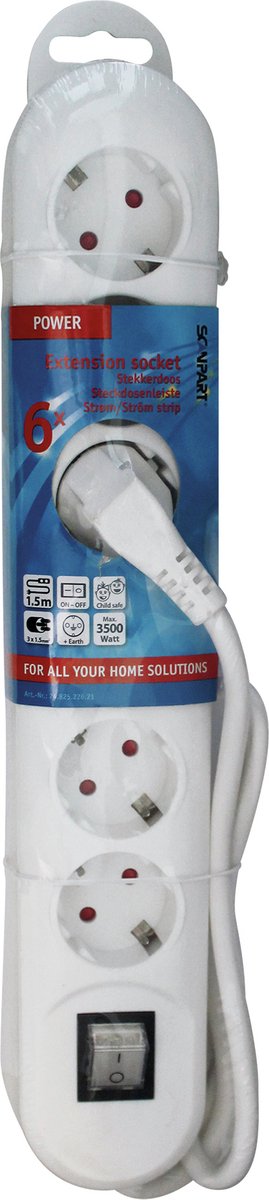 Multipresa Scanpart a 6 vie con interruttore 1,5 metri - presa con terra - bianco