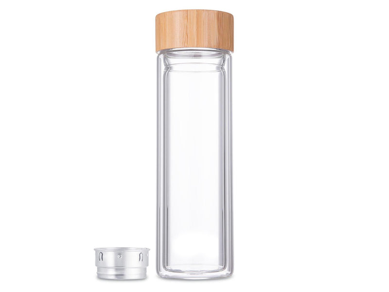 Svenska living botella de vidrio de doble pared con colador de acero inoxidable