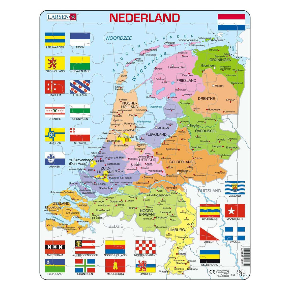Selecta Larsen Pluzzle Map Nederland con provincias y banderas, 48º.