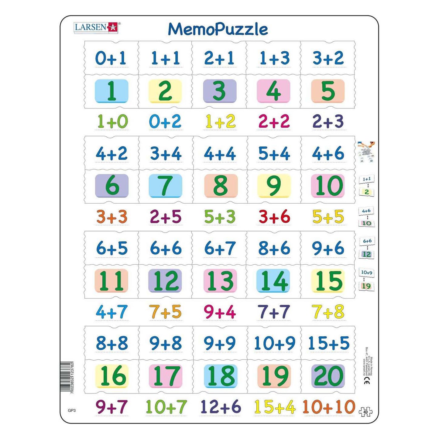 Larsen memopuzzel - optellen met cijfers van 0-20, 40st.