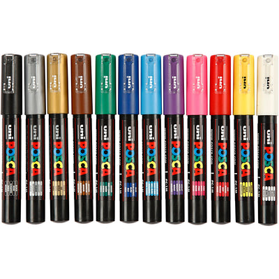 Rotulador posca uni-posca, tamaño pc-1m, grosor de trazo 0,7 mm, extrafino, varios colores, 12 piezas 1 caja