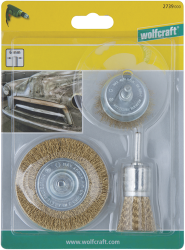 Wolfcraft - juego de cepillos de alambre de latón para taladro - cepillo de acero - cepillo de copa - 3 piezas - 2739000