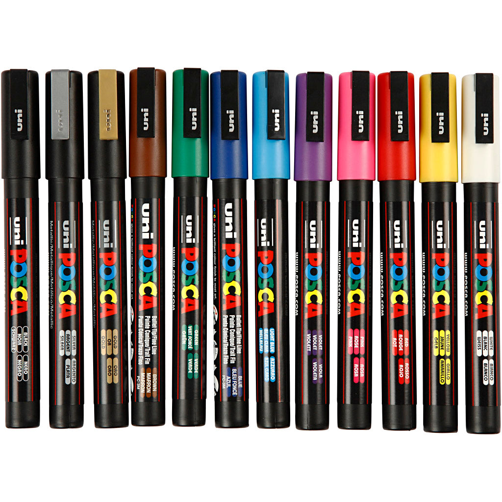 Pennarello Posca Uni-posca, misura pc-3m, larghezza tratto 0,9-1,3 mm, fine, vari colori, 12 pezzi 1 scatola