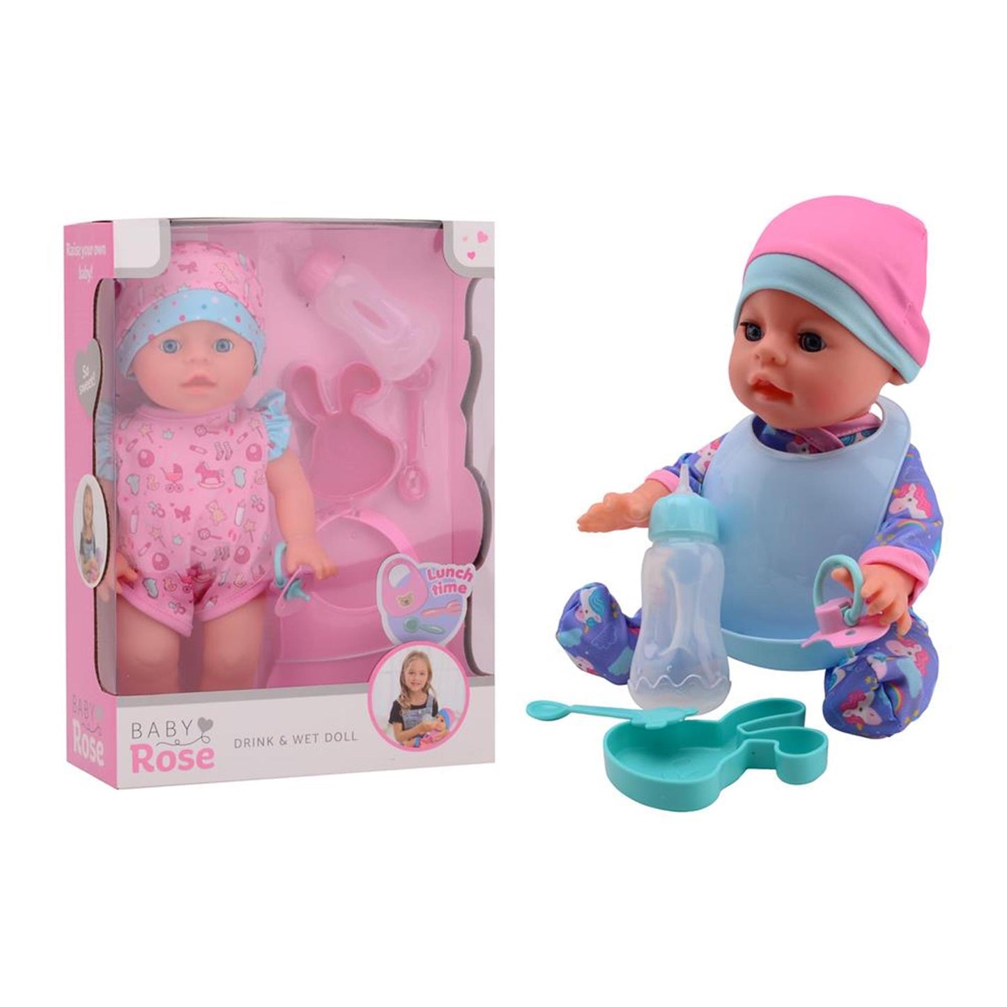 Johntoy john toy baby rose drink- en plaspop 30cm, 2 assorti