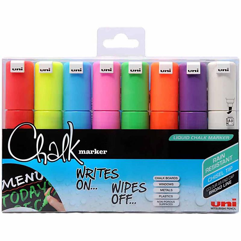Uni-Posca Chalk Marker, line thickness 8 mm, various colors, 8 piece 1 box