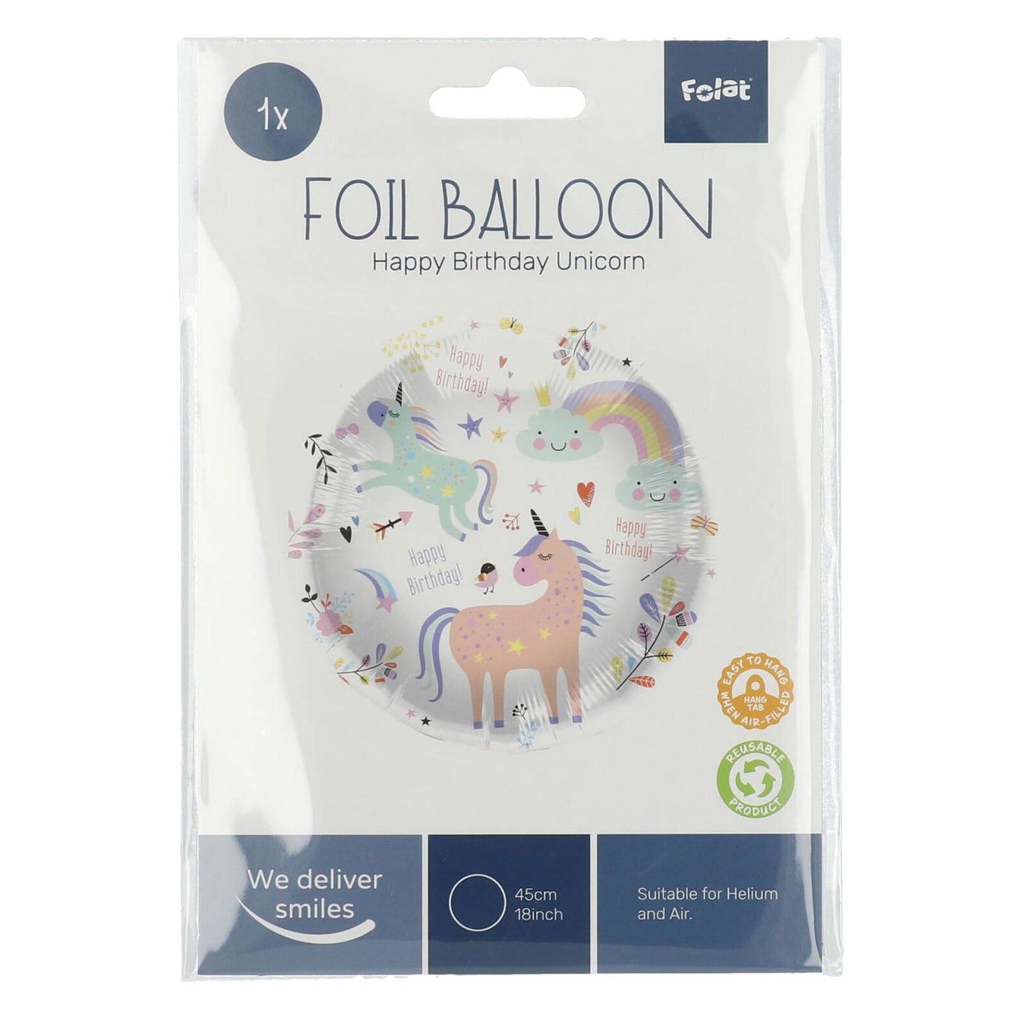Foglio palloncini di buon compleanno unicorno 45 cm.
