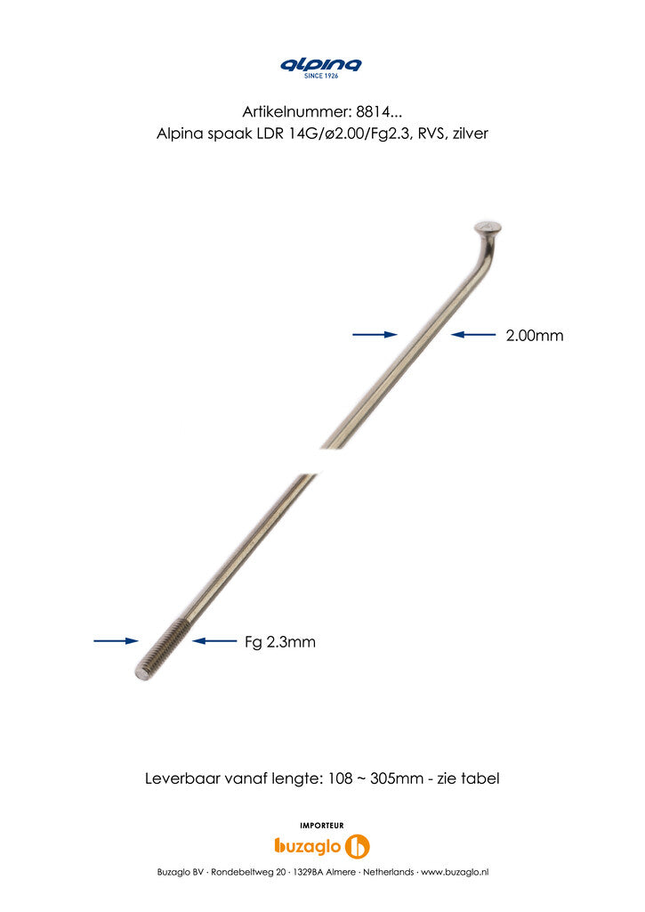 Alpina Spaak 14x296 acero inoxidable por grúa sin pezones