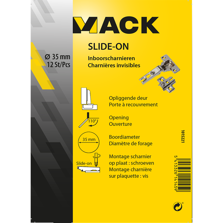 Mack 1015221 - 12 bisagras perforadas se deslizan en puerta de superficie de 35 mm y 110° | 5 piezas