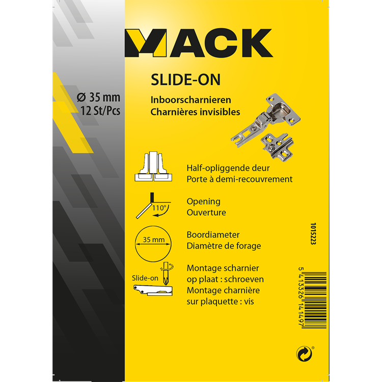 Mack 1015223 - 12 bisagras perforadas deslizables en puerta semi-superpuesta de 35 mm y 110° | 5 piezas