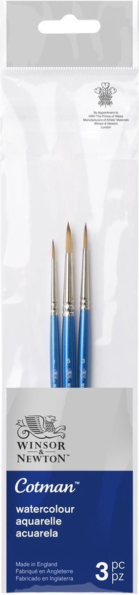 Winsor Newton 5390606 Set di pennelli per acquerello Cotman – Manico corto – 3 pezzi – Pennelli rotondi misura 1, 3 5