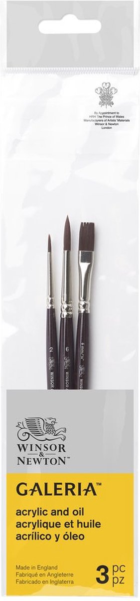 Winsor Newton 5790608 Set di pennelli per acrilico Galeria – 3 pennelli sintetici per pittura acrilica (manico corto – tondo 2, tondo 6, one-stroke 6 mm)