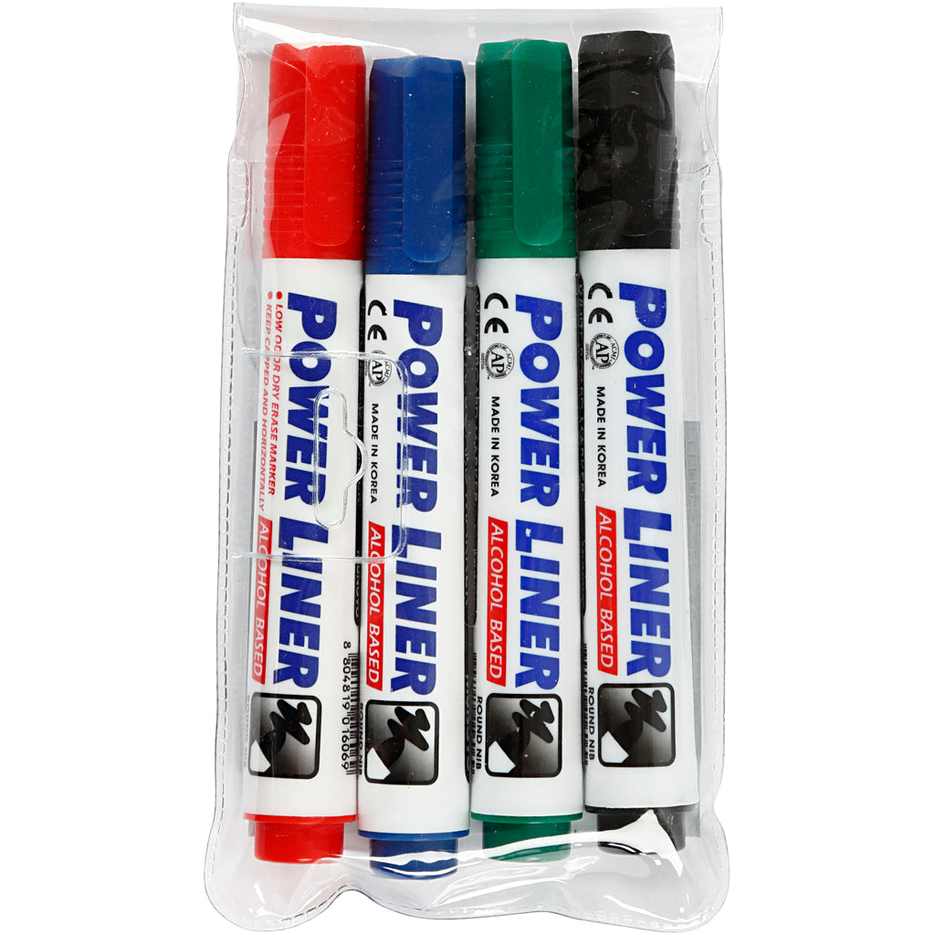 Whiteboard markers, line width 4 mm, black, blue, green, red, 4 pieces 1 box