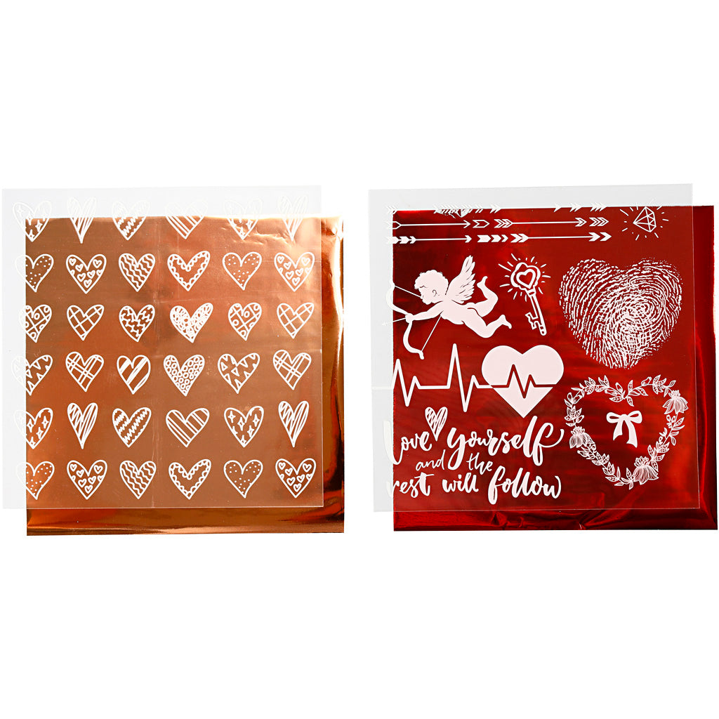 Creativ company lámina decorativa y hoja transfer, corazones y amor, hoja 15x15 cm, rojo, 2x2 hojas 1 caja