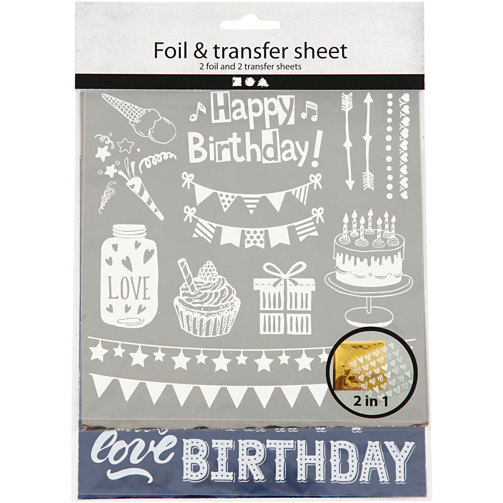 Pellicola decorativa e foglio trasferibile Creativ Company, compleanno, foglio 15x15 cm, blu scuro, argento, 2x2 fogli 1 scatola