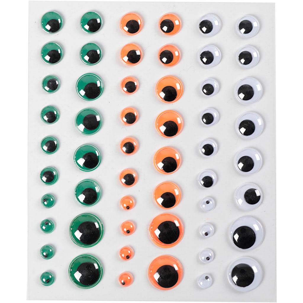 Creativ company ojos saltones, autoadhesivo, d 6+8+10+12+15 mm, verde, naranja, blanco, 54 piezas, 1 hoja