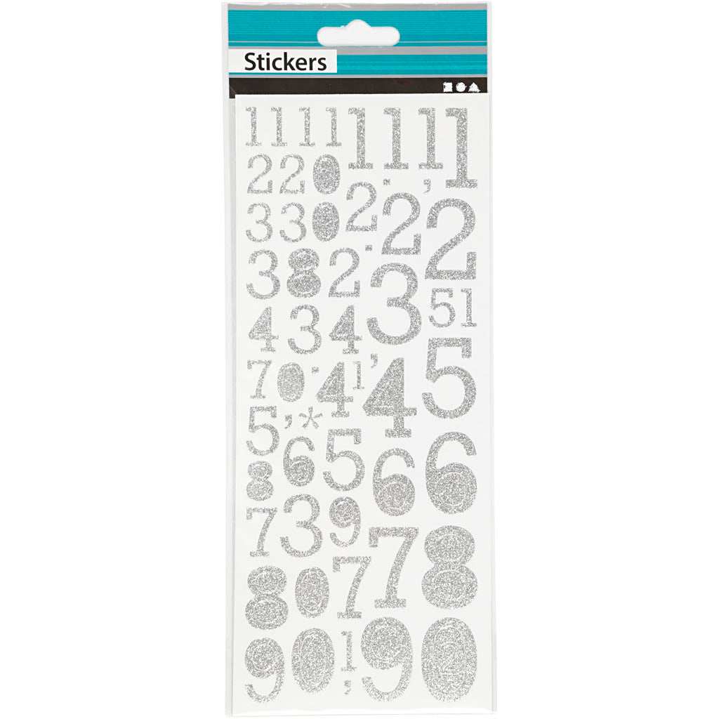 Creativ company glitter stickers, numbers, sheet 10x24 cm, silver, 2 sheets 1 box
