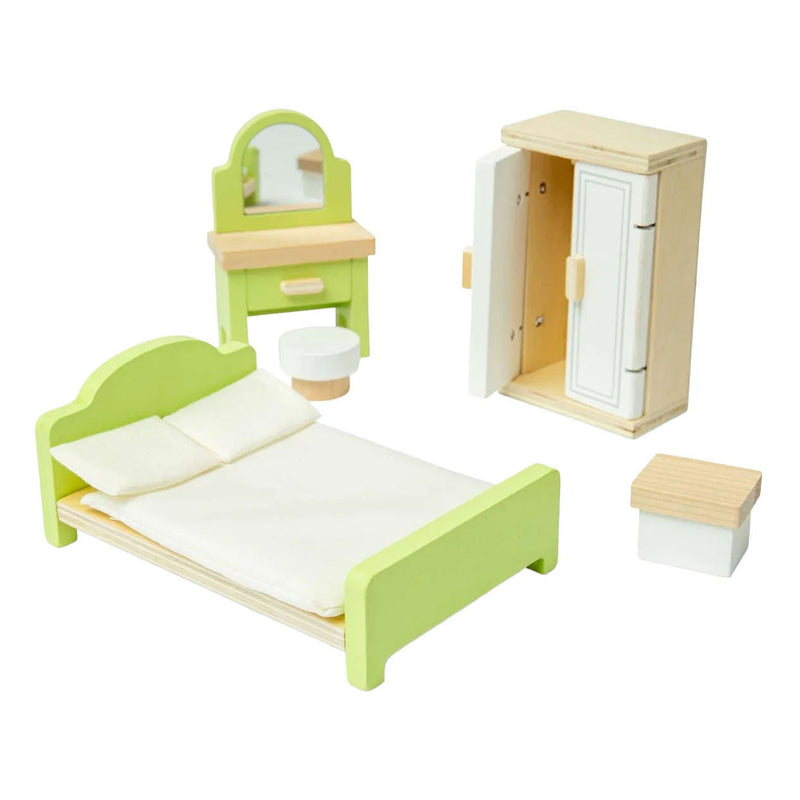 Camera da letto con mobili per casa delle bambole in legno Bigjigs - 5 pezzi.