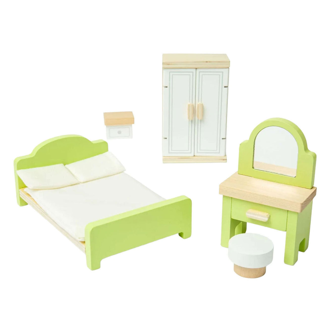 Camera da letto con mobili per casa delle bambole in legno Bigjigs - 5 pezzi.